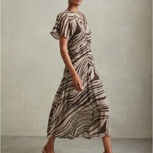 REISS Tabitha Animal Printed Midi Dress Brown/Cream